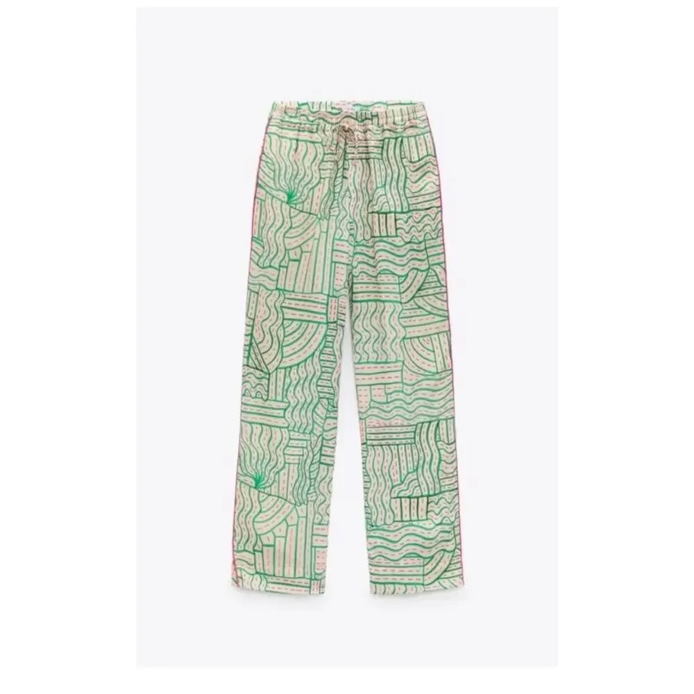 Zara Linen Blend Graffiti Print Pants size XS